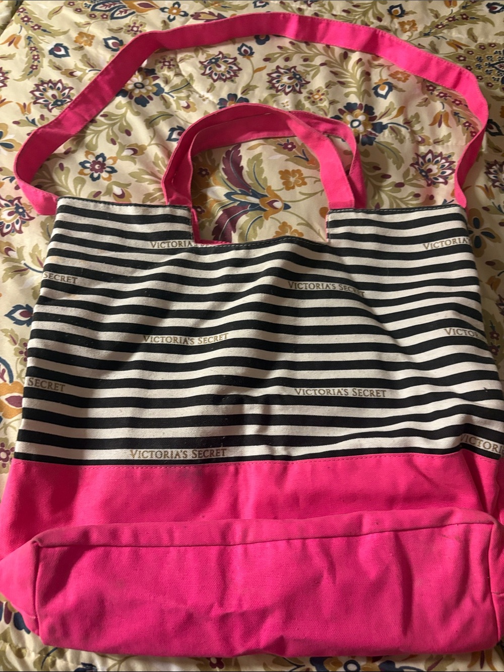 Victoria's Secret Black & Pink Striped Canvas Tote with Shoulder Strap
